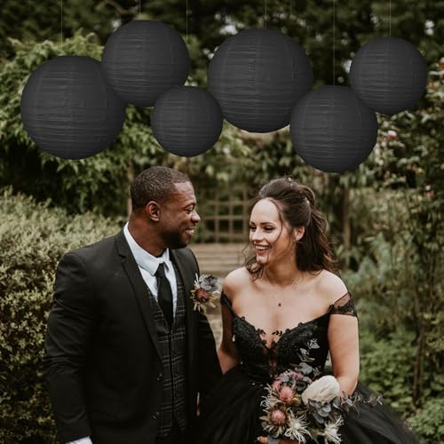 Image of Paper Lanterns Party Decorations 6 PCS Black Round Hanging Lanterns Chinese Japanese Paper Lantern Lamp for Wedding Graduation Birthday Baby Shower Anniversary Retirement Party
