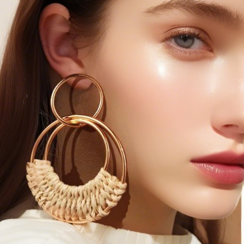 Image of 4 Pairs Handmade Raffia Rattan Bohemian Round Drop Dangle Earrings for Women, Boho Statement Cute Fun Hoop Earrings Set