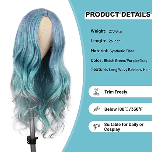 Wiger Long Wavy Rainbow Wigs Bluish Green Long Curly Hair Middle Part Multi-Color Wigs Synthetic Mermaid Wig 28 Inch Heat Resistant Full Wig For Daily Or Party #TOP2