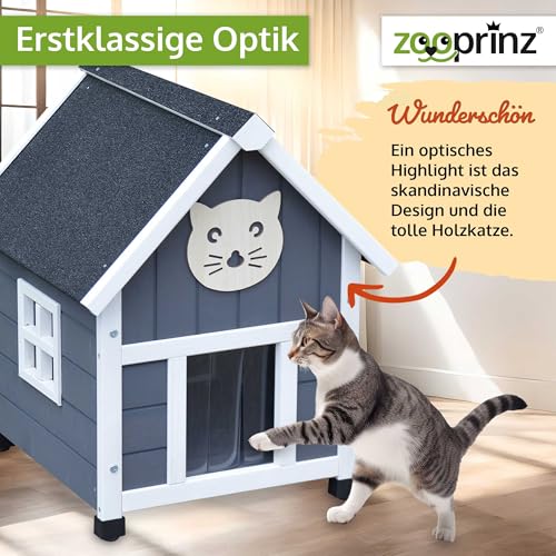 zooprinz Holz Katzenhaus im skandinavischen Look – Katzenkiste mit Dach aus Bitumen – Wetterfest in grau-weiß lasiert für Garten/Balkon – Innen- und Draußen Hütte – Katzenbox