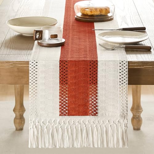 Image of ZeeMart Macrame Style Bicolor Stitching Table Runner, 14 x 36 Inch Orange /Ivory, Boho Burnt Orange Table Runners 36 Inches Long, Farmhouse Woven Home Decor