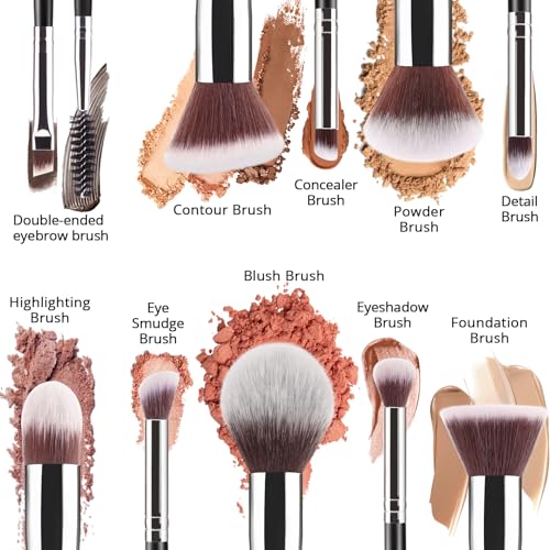 BEAKEY Diversity Make up Brushes 12Pcs Makeup Kit, Premium Synthetic Kabuki Foundation Face Powder Concealers Eyeshadow Blush Brushes Make up Brushes Set, with 2pcs Blender Sponges (Black/Silver) - Image 3