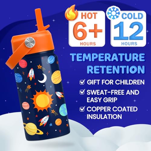 Image of SANDJEST Space Water Bottle - Kids Water Bottle with Straw Lid - 12 Oz Insulated Stainless Steel Water Bottles for Kid Boys Girls - Travel Cup for School Sports