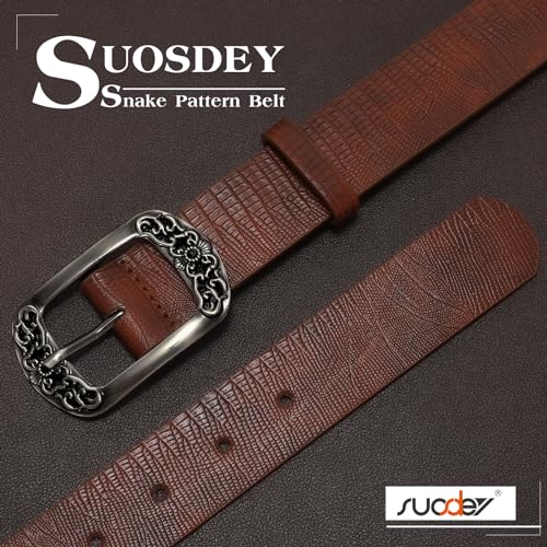 SUOSDEY Womens Leather Belts Western Vintage Women's Belt with Engraved Buckle Ladies Belt for Jeans Pants4