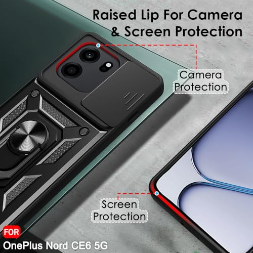 Image of TheGiftKart Tough Armor Bumper Back Cover Case for OnePlus Nord CE 6 5G | Kickstand & Ring Holder | 360 Degree Protection Back Case Cover for OnePlus Nord CE6 (PC & TPU, Sliding Camera Cover, Black)