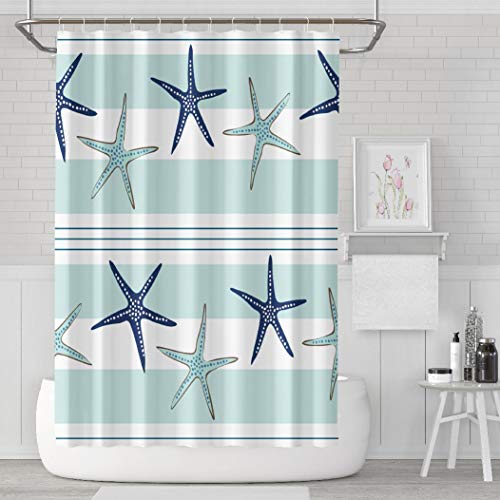 LALILO Sea Star - Beach Decorative small Curtain with 12 Hooks, Coastal who Repeat the Pattern Navy Blue Blue and No Chemical she, Durable Polyester Waterproof 72 W X 78 L - Image 3