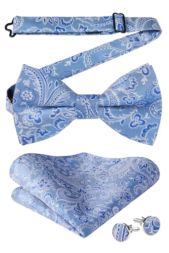Image of HISDERN Bow Ties for Men Pre-Tied Bow Tie Floral Paisley Handkerchief Classic Formal Bowtie and Pocket Square Cufflinks Set