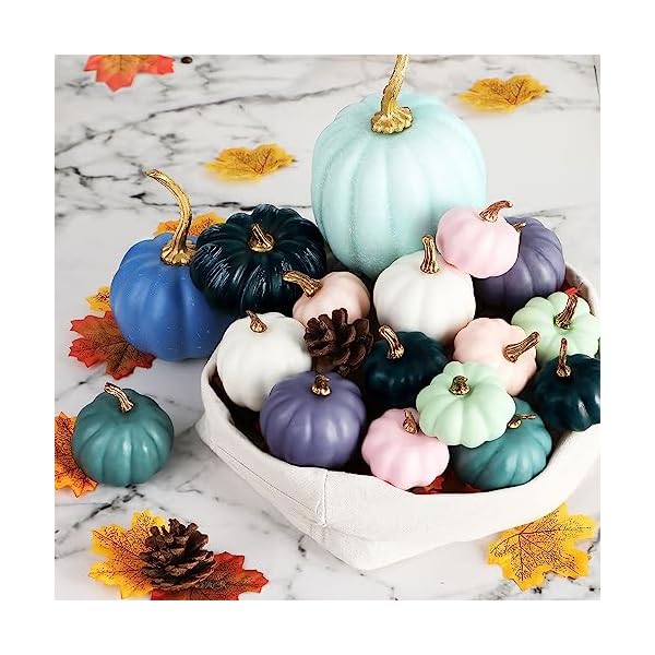 Ywlake Pumpkin Fall Decorations 16pcs, Decorative Large Small Outdoor Blue Green Pink Teal Foam Plastic Fake Faux Artificial Pumpkins for Halloween Autumn Harvest Festival Home Table Decor - Image 6