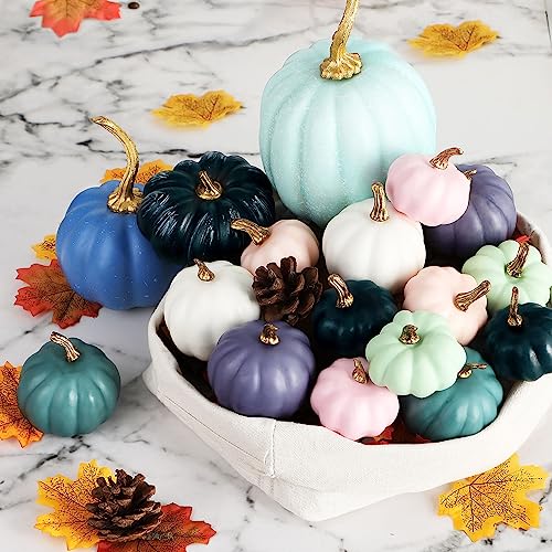 Ywlake Pumpkin Fall Decorations 17pcs, Decorative Large Small Outdoor Blue Green Pink Teal Foam Plastic Fake Faux Artificial Pumpkins for Halloween Autumn Harvest Festival Home Table Decor - Image 6