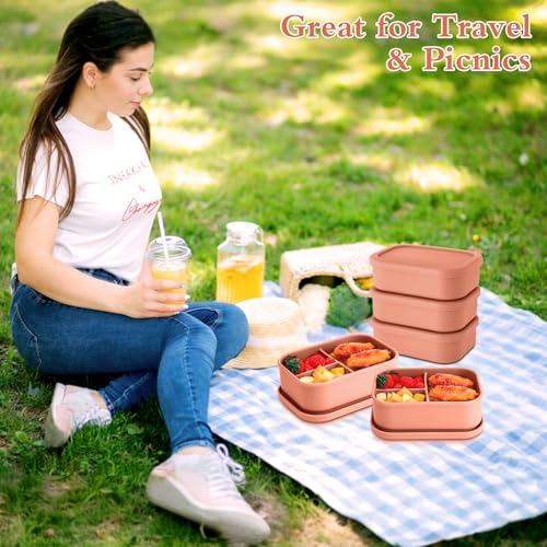 Image of Honeydak 4 Pcs Silicone Bento Box, 3 Compartment Lunch Food Container for Women Men, Leak Proof Microwave Easy to Clean Dishwasher Freezer Safe (Orange)