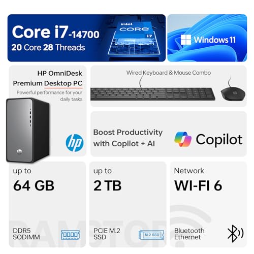 Image of HP OmniDesk Premium Tower Desktop, Core i7-14700, 32+32GB RAM, 2TB SSD, Wi-Fi 6, HDMI, USB-C, Windows 11 Pro, Wired Keyboard & Mouse, 2-Monitor Support 4K, Black, Bundle with ADATA 512GB External SSD
