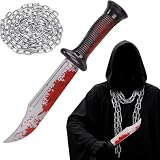 Cuchillo ensangrentado con cadena - Cuchillo Scream Halloween 34 cm Plástico Ghostface Accesorios de Halloween Disfraz Arma falsa de terror con sangre,cuchilloe plástico Artículos broma Accesorios(B)