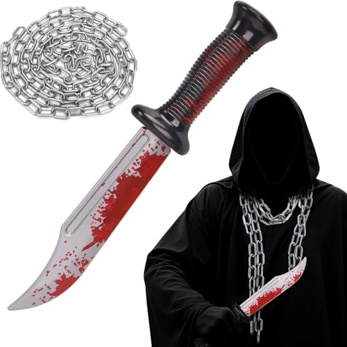 Blutiges Messer mit Kette Set - Scream Messer Halloween 34 cm Plastik Ghostface Halloween Zubehör Kostüm Horror Fake Waffe mit Blut Plastikmesser Scherzartikel Accessoires für Erwachsene Kinder(B)