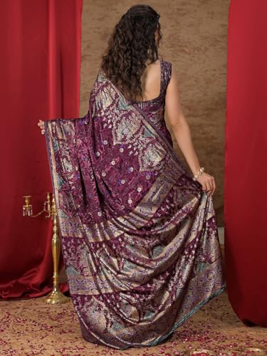 Image of Satrani Women's Crepe Foil Printed Weaving Banarasi Saree with Unstitched Blouse Piece