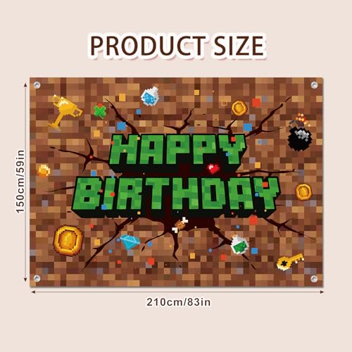 Image of Pixel Happy Birthday Backdrop, 83x59in /210x150cm Pixel Theme Party Decorations Video Game Banner Backdrop for Gaming Birthday Decor