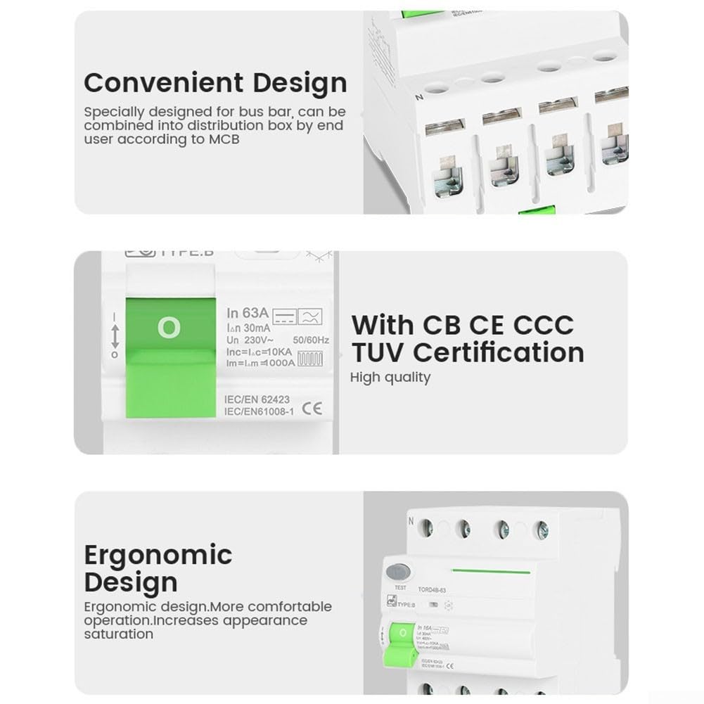 Disjoncteur différentiel de type B 2P 30 mA avec pouvoir de coupure de 10 kA, convient pour les systèmes PV, les points de charge E et les installations UPS, configuration TRD4B-63 2P pour l'industrie