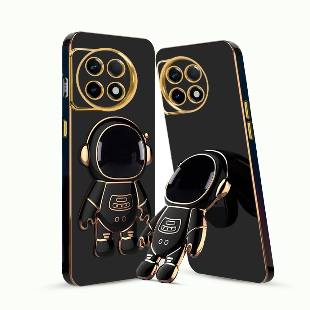 KARWAN®️ 3D Astronaut with Folding Stand Back Cover Case Compatible for OnePlus 11 5G | Slim electroplated case | Stand case | Soft TPU | Space Astro Theme | Camera Protection-Black.