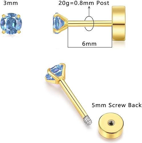 Miniatura 15 de 3mm Tiny CZ Flat Back Stud Earrings,14K Gold Small Screw on Cubic Zirconia Earrings for Cartilage Helix Tragus Piercing Jewelry Gift for Women Girls
