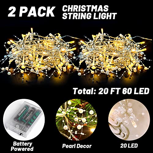 Christmas Ocean Pearl Fairy String Lights 20Ft 60 Led Xmas Berry Beads Garland Battery Oprated For Winter Indoor Bedroom Wedding Birthday Festival Party New Year Diy Home Mantel Decoration (White) #TOP1