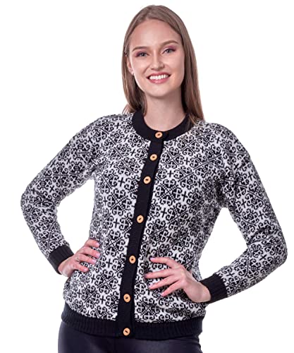 Image of INTI0555 Black and White Alpaca Cardigan for Women - Soft Alpaca Sweater