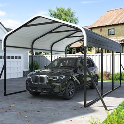 DAUSOLA 10x15 FT Heavy Duty Carports Canopy with Updated Frame Structure Galvanized Steel Roof and Enhanced Base, Metal Carport Garage for Pickup, Boat, Car and Tractors