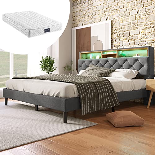 Arhatreya Cama tapizada de 140 x 200 cm, cama doble con espacio de almacenamiento, cama juvenil con iluminación LED, estructura de cama con somier, cama para adolescentes y adultos (con colchón), lino