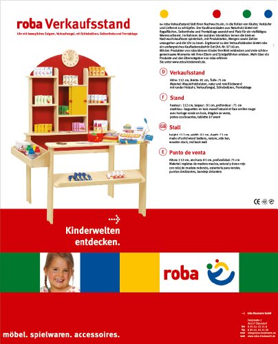 roba Kaufladen, Kinder Kaufmannsladen, Holz natur, Verkaufsstand mit Theke, Uhr, roter Rückwand & gelben Schiebetüren – Bild 4