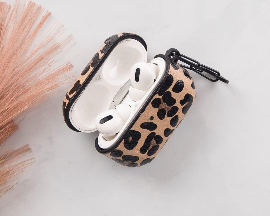 HARDISTON Genuine Leather Handmade Apple AirPods Pro - Hard Case with Keychain Clip - Support Wireless Chargers - Compatible with AirPods Pro (Leopard)