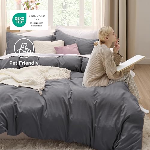 image for Bedsure Dark Grey Duvet Cover King Size - 3 Pieces Prewashed Cotton-Li