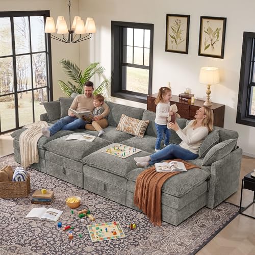 Image of Ihanherry 135 inch Oversized Sectional Sofa Bed with Storage, 8-Seater Modular Cloud Couch with Movable Ottomans, Chenille Deep Seat Sleeper Couches for Living Room (Grey)