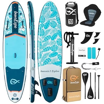 InnoExpo 11' Inflatable Stand Up Paddle Boards with Premium Accessories, Wide Stable SUP Paddle Board Design, Non-Slip Comfort Deck for Youth & Adults (Tropical/Kayak Seat)