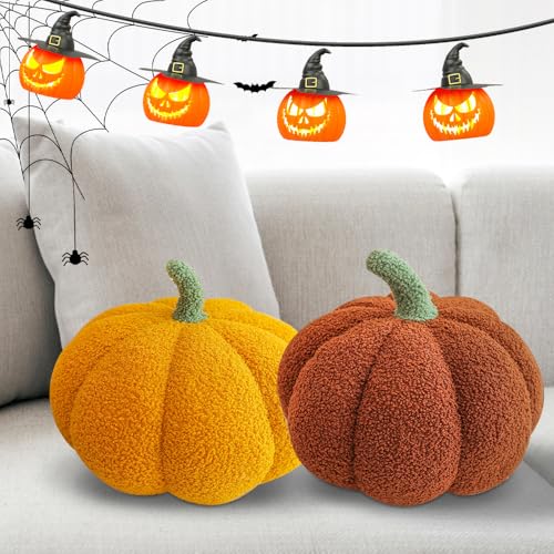Afenau 2 Pcs Pumpkin Throw Pillows, 9in/23cm Pumpkin Cushion, 3D pumpkin Pillow, Soft Halloween Cushions, Home Decoration for Car, Bedroom, Sofa, Living Room (Yellow, Brown)