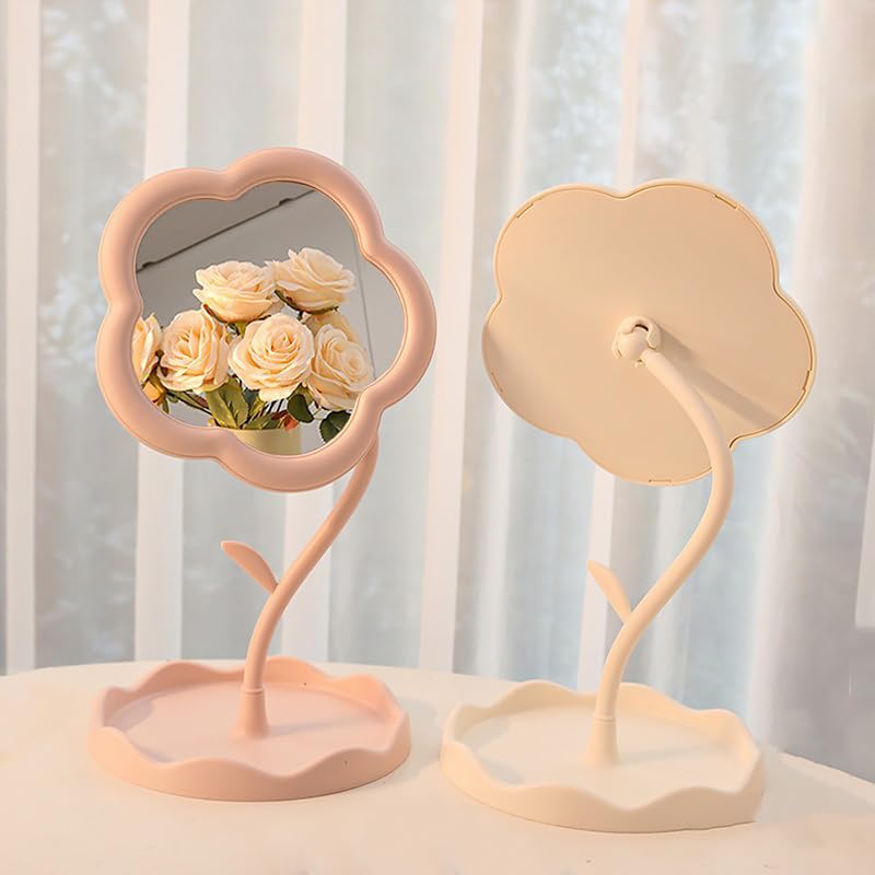1PC Small Flower Shaped Makeup Mirror with Storage for Desk or Vanity, HD Cute Sunflower Design Decor Mirror, White