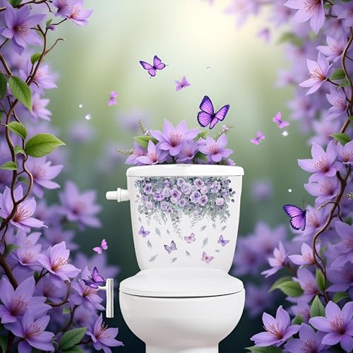 2 Blätter Lila Blume Aufkleber Pflanze Rose Schmetterling Deckel Abziehbilder Selbstklebend Badezimmer Wanddekoration Deckel Abziehbilder WC Zubehör