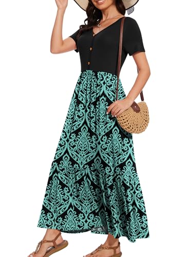 Image of VIISHOW Women's Short Sleeve Maxi Dress 2026 Summer V Neck Knit Loose Plain Empire Waist Casual Dresses with Pockets