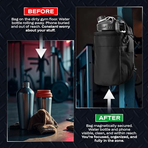 Magnetic Gym Bags for Men & Women, Magnetic Water Holder for Gym with 5 Built-In Magnets & Phone Pouch, Sling Bag Carrier for Fitness, Travel, Sports | Keep Items off Floor B0074