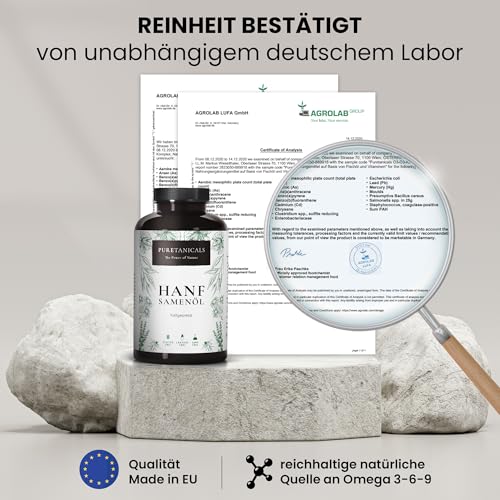 Hanfsamenöl Hanföl Kaltgepresst - 180 hochdosierte Kapseln - 1000mg Hanf Öl Omega 3-6-9 | 100% Natürlich & Stark, Hemp Seed Oil, in der EU hergestellt & laborgeprüft