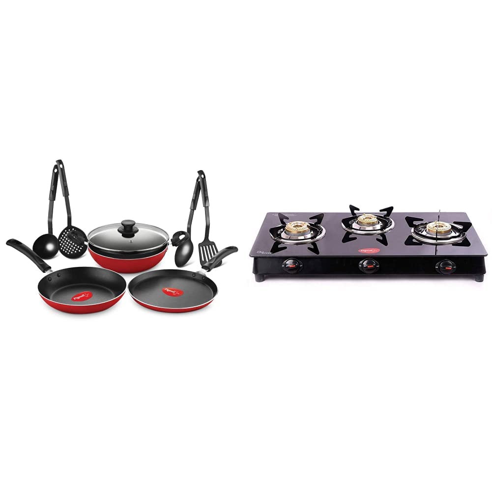Pigeon by Stovekraft Mio Aluminium Set (Red)- 8 Pieces and Glass Top Aster 3 Burner
