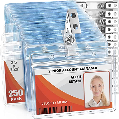 Mifflin-USA Horizontal Plastic Card Holder with Metal Clip and Vinyl Straps (Clear, 3.5x2.25 Inch, 250 Pack), Waterproof PVC ID Name Badge Holder with Clip by MIFFLIN - Used condition - US$11.67