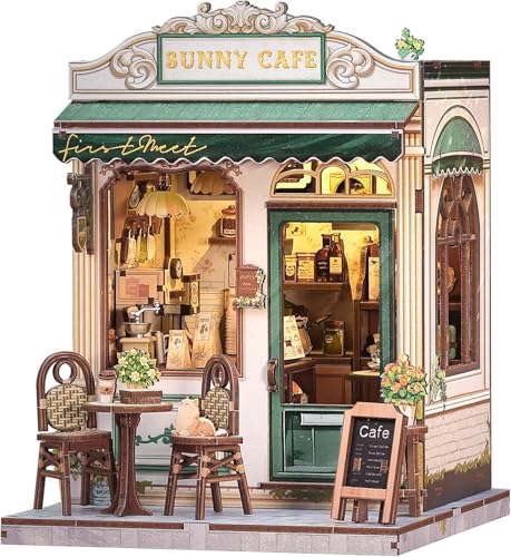 Image of Sunny Cafe Book Nook Kit with LED Light, DIY Miniature Cafe House Bookshelf Decor, 3D Wooden Puzzle Dollhouse for Adults, Teens & Beginners, Cozy Coffee Shop Gift (233 Parts)