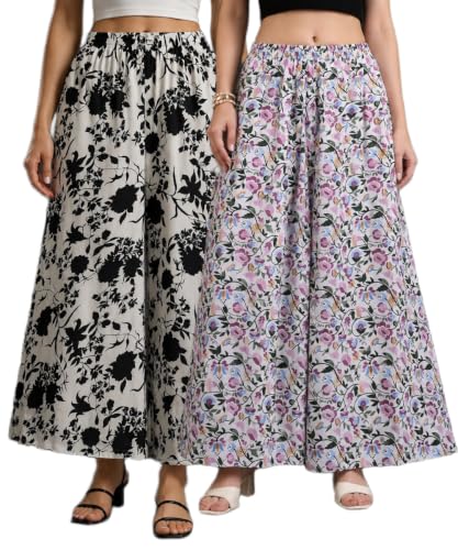 Image of Women Printed Palazzo Pants Combo Pack of 2, Comfortable Elastic Waist Lounge Pants for Women | Relaxed Fit, Loose Fitting Wide Leg Palazzo Pants, Casual Bottom (Available in S to 3XL Size)