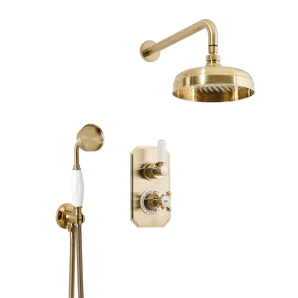Milano Elizabeth Thermostatic Mixer Valve 205mm Round Shower Head Handset - Brass