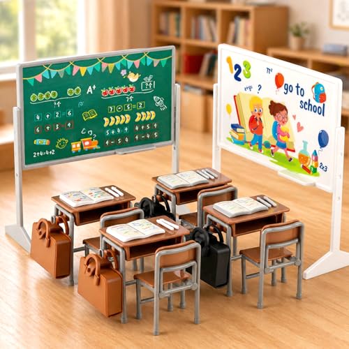 34Pcs Miniature School Supplies Mini Classroom Dollhouse Accessories with 2 Blackboards 4 Desks 4 Chairs Mini School Supplies for Doll House Classroom Decor