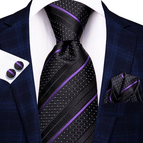 Image of Hi-Tie Men Ties Sets Silk Stripe Paisley Necktie Pocket Square Cufflinks for Business Wedding