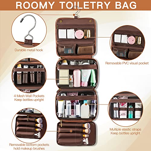 Elviros Toiletry Bag Hanging Travel Organizer For Men And Women, 3 In 1 Multifunctional Large Makeup Cosmetic Case For Toiletries Accessories, Water-Resistant Pu Leather Bathroom Dopp Kit Shaving Bag (Dark Brown) #TOP3