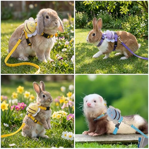 Image of 4 Sets Leash Set Small Pet Cute Vest Harness Leash and Adjustable Bunny Rabbit Harness with Decoration for Bunny Ferret Small Pets(Bees)