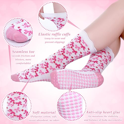 10 Pairs Cute Pilates Socks with Grips Ruffle Cuff Grips Christmas Gifts for Girl Women Coquette Pink Bow Pilates Crew Socks for Women Crew Non Slip Cute Yoga Ballet Gift4