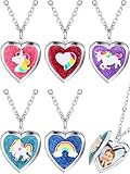Hicarer 5 Pcs Heart Locket Necklace Picture Necklace for Girls Kids Unicorn Mermaid Rainbow Picture Pendant Photo Secret Chain Gifts Jewelry Christmas for Women Boys Birthday Gift(Classic Style)