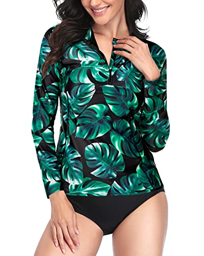 Daci Women Green Leaf 2 Piece Rash Guard Long Sleeve Bathing Suit With Bottom Built In Bra Swimsuit Upf 50 Xl #TOP3