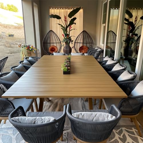 Image of PURPLE LEAF 14 Pieces Patio Dining Set Wicker Outdoor Furniture Oversize Rectangular Table and Chairs Set for Garden Deck Teak-Finish Aluminum Frame Backyard Kitchen Set, Cushions and Pillows Included